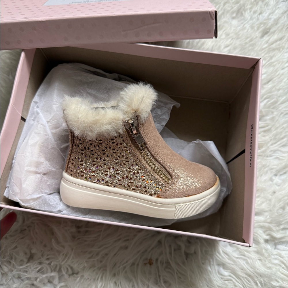 Cupcakes & Cashmere Tan and White Boots with Faux Fur Trim